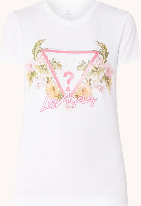 Guess T shirts Short Sleeve Crewneck Triangle Flowers Tee Wit