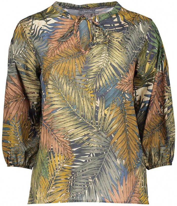 Geisha top met bladprint bruin/groen/blauw/ecru