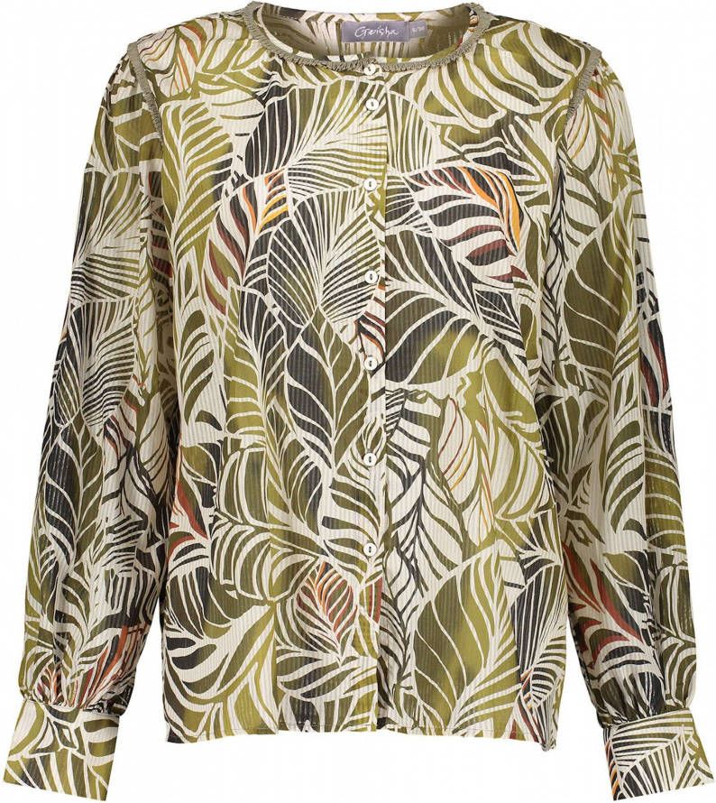 Geisha blouse met bladprint en ruches groen/ecru/bruin