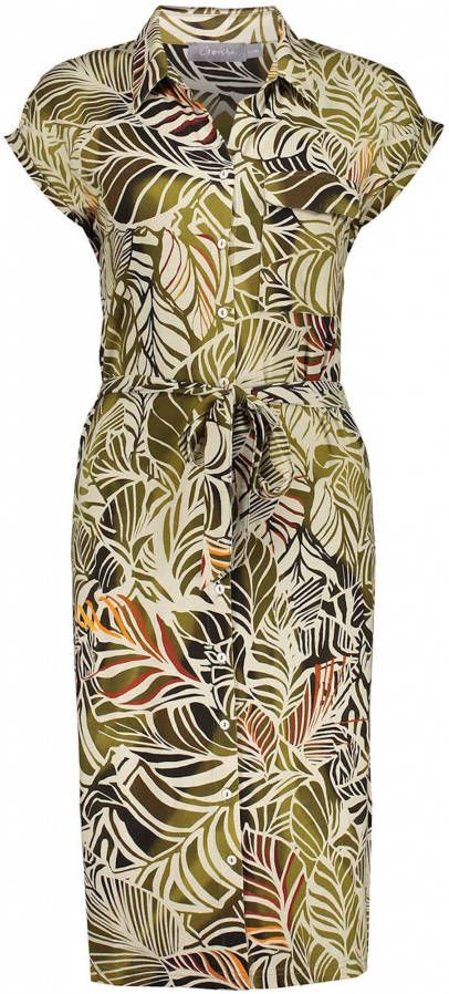 Geisha blousejurk met bladprint en ceintuur groen/ecru