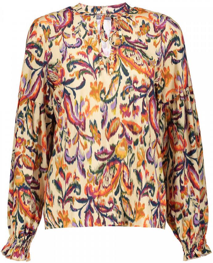 Geisha top met all over print en plooien zand/oranje/paars/groen/blauw