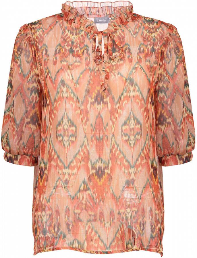 Geisha top met all over print en plooien rood/groen/geel