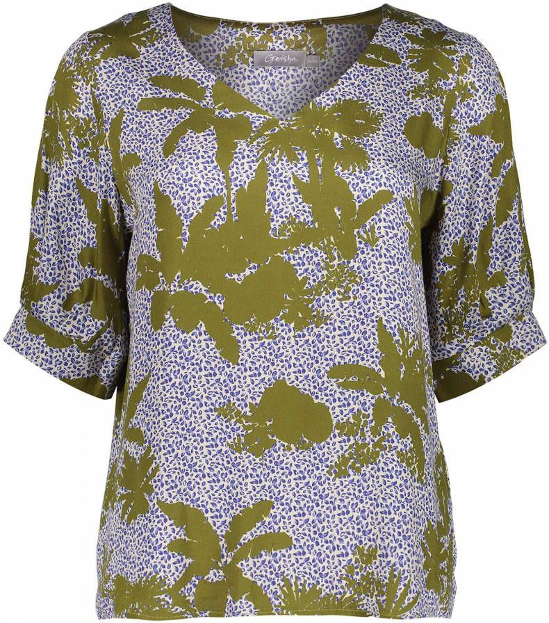 Geisha top met all over print en plooien groen/blauw/wit